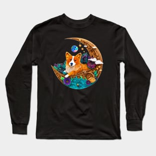 Corgi Dog in Space on Crescent Moon Planets Stars Cute Art Digital Painting Long Sleeve T-Shirt